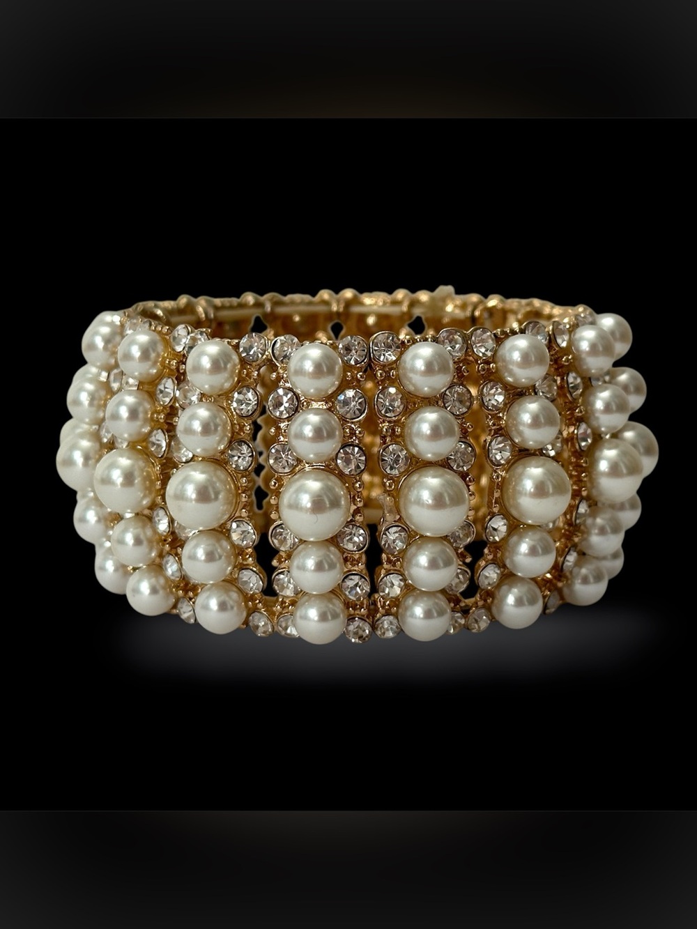 5-Row Gold Tone Pearl & Rhinestone Stretch Bracelet